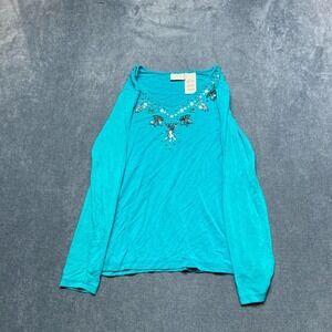White Stag Top Womens Small 4/6 Teal Blue Stretch Beadwork Embroidered V Neck